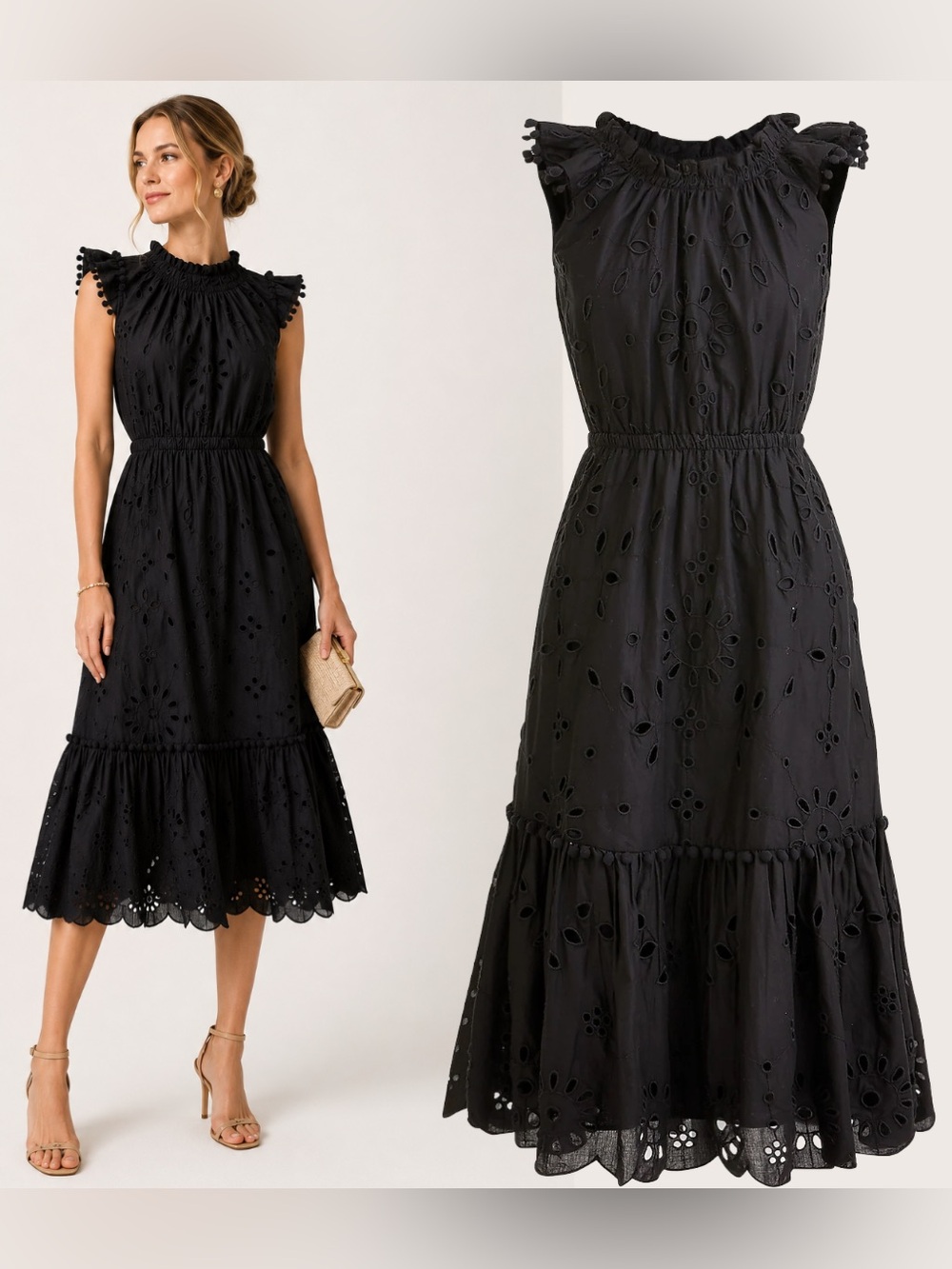 JCrew Black Eyelet Ruffle Midi Cotton Dress  Preppy Modest Old Money Whimsigoth